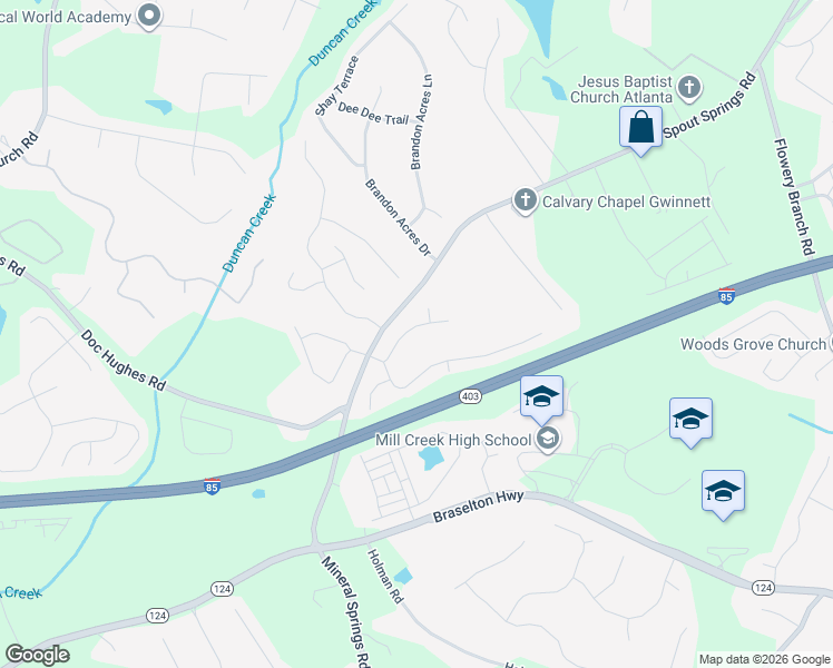 map of restaurants, bars, coffee shops, grocery stores, and more near 4375 Mill Farm Lane Northeast in Buford