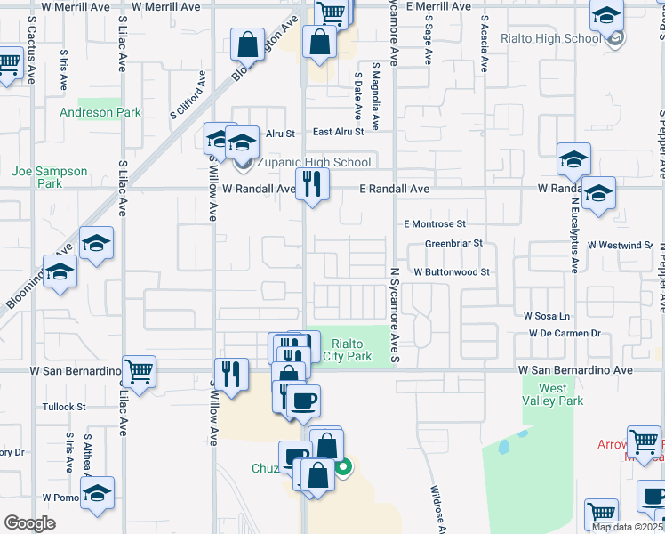 map of restaurants, bars, coffee shops, grocery stores, and more near 1021 South Riverside Avenue in Rialto