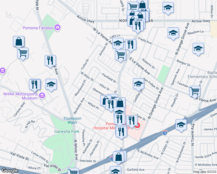 map of restaurants, bars, coffee shops, grocery stores, and more near 235 Aliso Street in Pomona