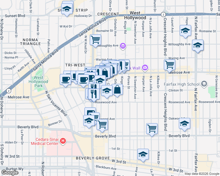 map of restaurants, bars, coffee shops, grocery stores, and more near 548 North Croft Avenue in West Hollywood