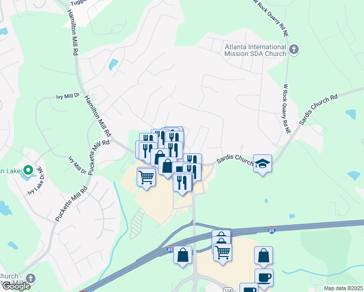 map of restaurants, bars, coffee shops, grocery stores, and more near 3318 Sardis Bend Drive in Buford