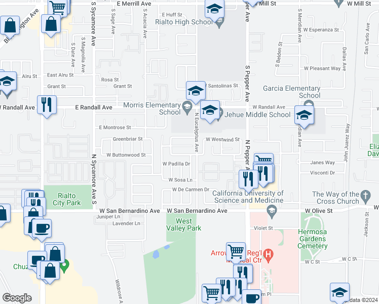 map of restaurants, bars, coffee shops, grocery stores, and more near 1909 West Admiralty Street in Colton