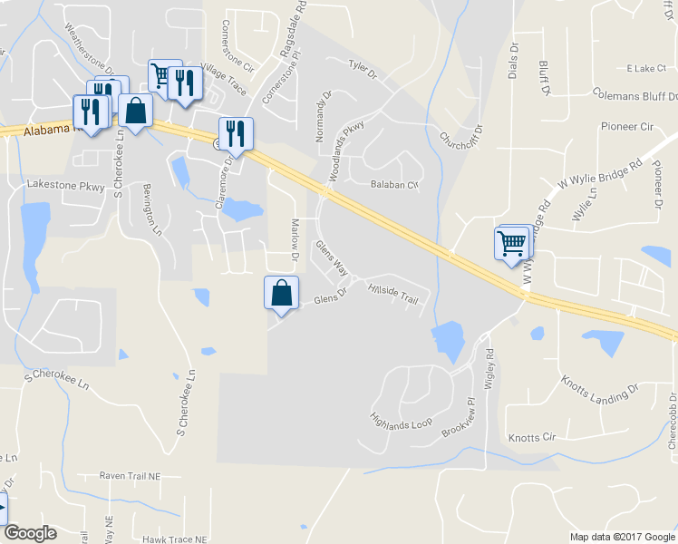 map of restaurants, bars, coffee shops, grocery stores, and more near 305 Glens Way in Woodstock