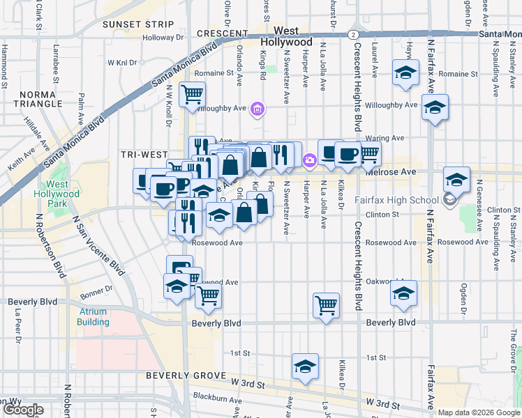 map of restaurants, bars, coffee shops, grocery stores, and more near 547 North Kings Road in West Hollywood