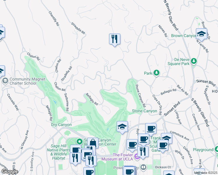 map of restaurants, bars, coffee shops, grocery stores, and more near 10675 Bellagio Road in Los Angeles