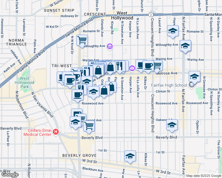 map of restaurants, bars, coffee shops, grocery stores, and more near 560 Kings Road in West Hollywood