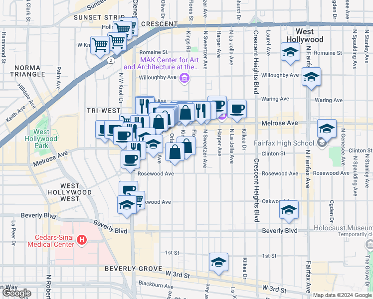 map of restaurants, bars, coffee shops, grocery stores, and more near 560 Kings Road in West Hollywood