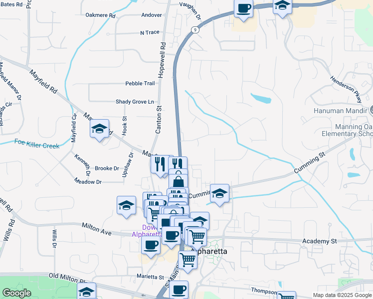 map of restaurants, bars, coffee shops, grocery stores, and more near 253 North Main Street in Alpharetta