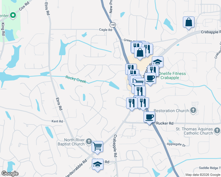 map of restaurants, bars, coffee shops, grocery stores, and more near 645 Water Garden Way in Roswell