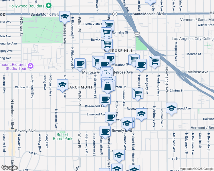 map of restaurants, bars, coffee shops, grocery stores, and more near 559 North Western Avenue in Los Angeles