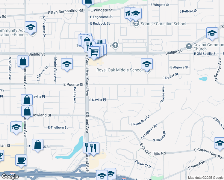 map of restaurants, bars, coffee shops, grocery stores, and more near 443 South Farber Avenue in Covina