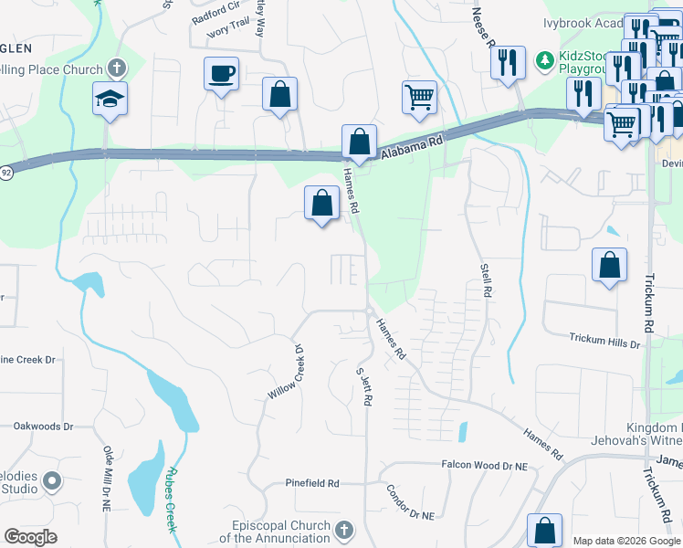 map of restaurants, bars, coffee shops, grocery stores, and more near 5217 Willow Creek Overlook in Woodstock