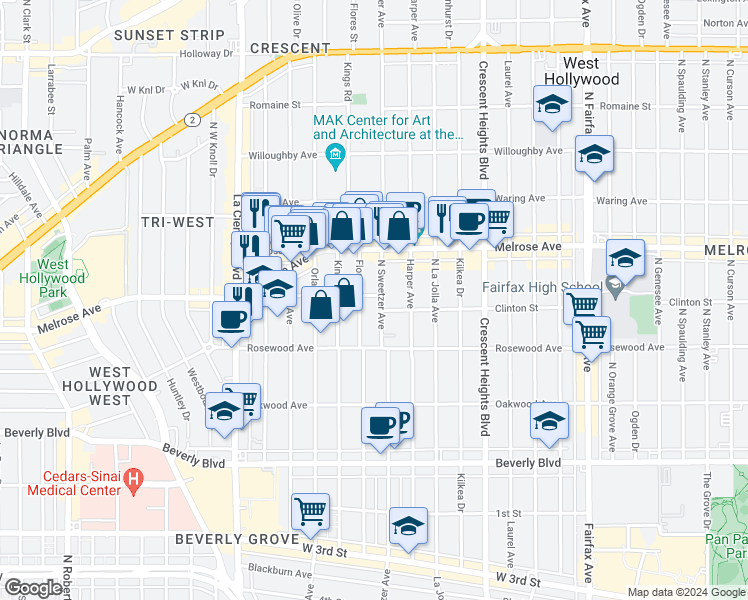 map of restaurants, bars, coffee shops, grocery stores, and more near 8308 Clinton Avenue in West Hollywood