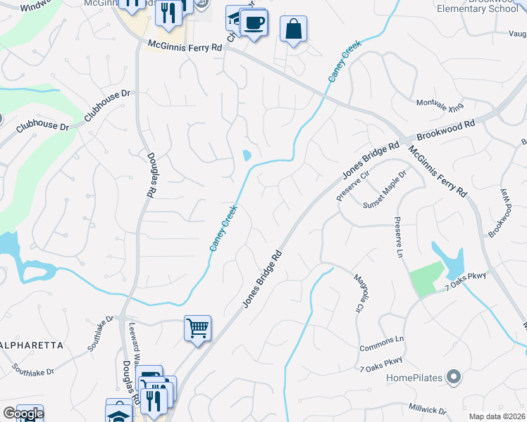 map of restaurants, bars, coffee shops, grocery stores, and more near 450 Eastbourne Way in Alpharetta