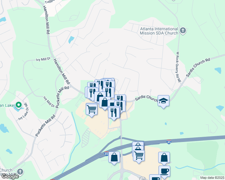 map of restaurants, bars, coffee shops, grocery stores, and more near 3314 Sardis Bend Drive in Buford