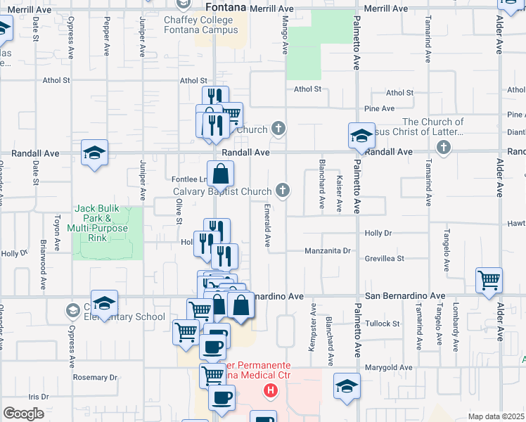 map of restaurants, bars, coffee shops, grocery stores, and more near 9466 Emerald Avenue in Fontana