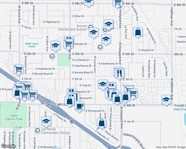 map of restaurants, bars, coffee shops, grocery stores, and more near 1711 East 5th Street in Ontario