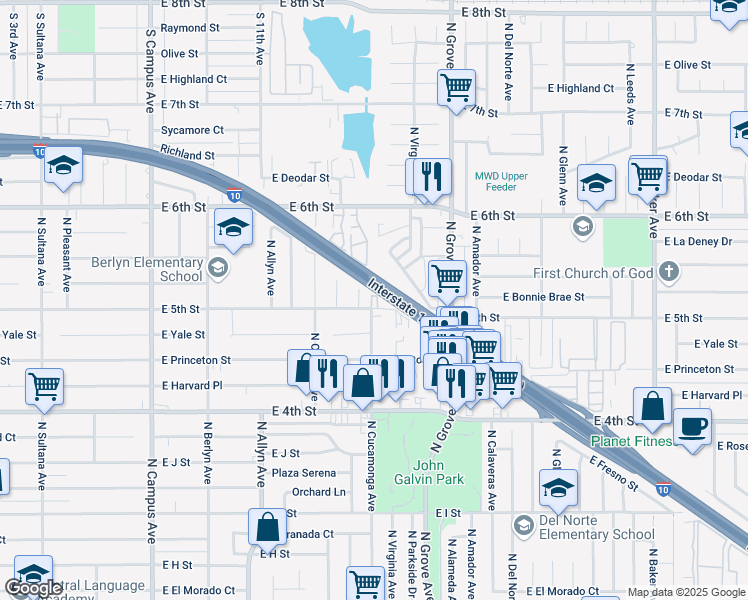 map of restaurants, bars, coffee shops, grocery stores, and more near 1118 East 5th Street in Ontario