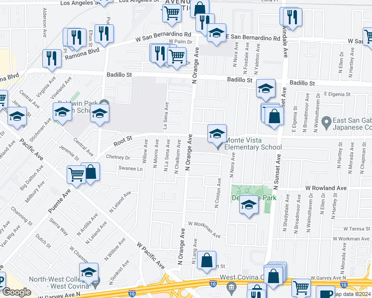 map of restaurants, bars, coffee shops, grocery stores, and more near 1708 West Eldred Avenue in West Covina