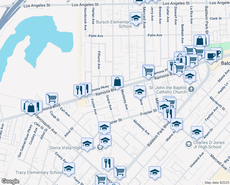 map of restaurants, bars, coffee shops, grocery stores, and more near 13508 Ramona Boulevard in Baldwin Park