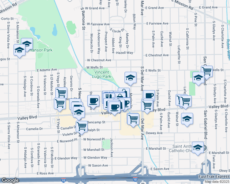 map of restaurants, bars, coffee shops, grocery stores, and more near 302 West Newby Avenue in San Gabriel