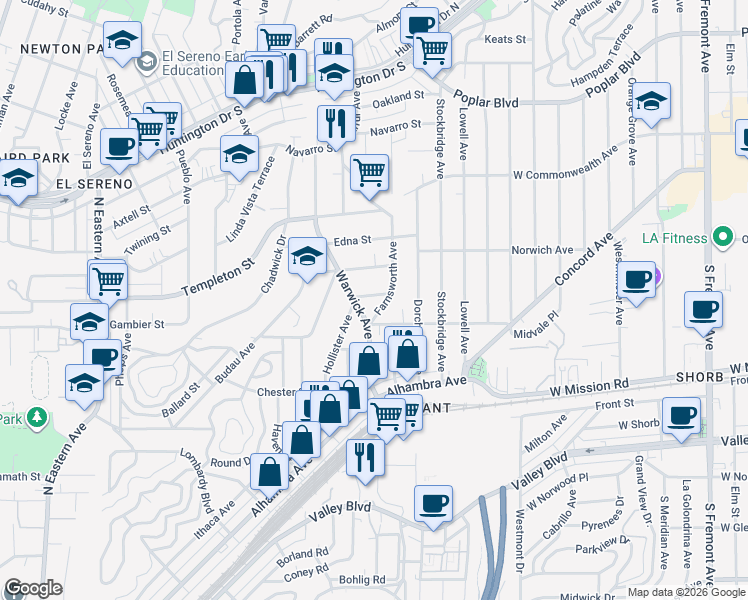 map of restaurants, bars, coffee shops, grocery stores, and more near 3046 Hollister Avenue in Los Angeles