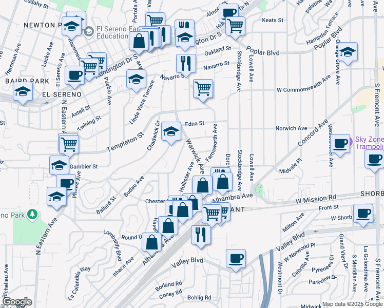 map of restaurants, bars, coffee shops, grocery stores, and more near 3046 Hollister Avenue in Los Angeles