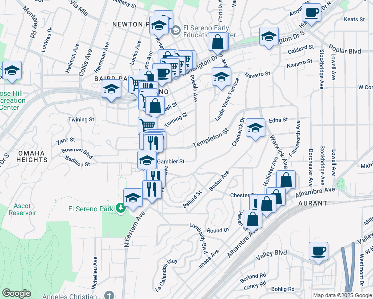 map of restaurants, bars, coffee shops, grocery stores, and more near 3107 Pueblo Avenue in Los Angeles