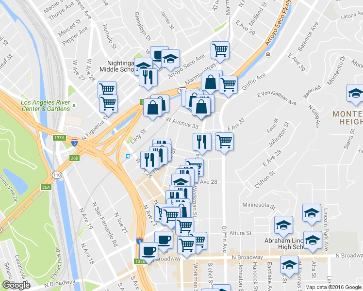 map of restaurants, bars, coffee shops, grocery stores, and more near 125 West Avenue 31 in Los Angeles