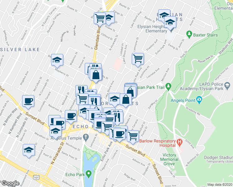 map of restaurants, bars, coffee shops, grocery stores, and more near in Los Angeles