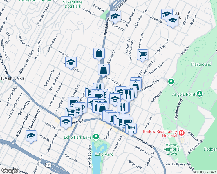 map of restaurants, bars, coffee shops, grocery stores, and more near 1503 Lake Shore Avenue in Los Angeles