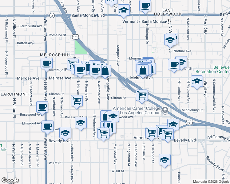 map of restaurants, bars, coffee shops, grocery stores, and more near 606 North Mariposa Avenue in Los Angeles