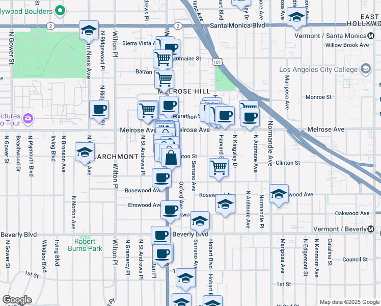 map of restaurants, bars, coffee shops, grocery stores, and more near 4766 Clinton Street in Los Angeles