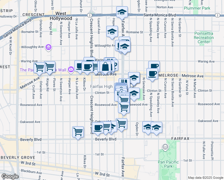 map of restaurants, bars, coffee shops, grocery stores, and more near 548 North Edinburgh Avenue in Los Angeles