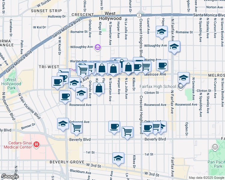 map of restaurants, bars, coffee shops, grocery stores, and more near 8262 Clinton Street in Los Angeles