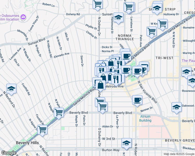 map of restaurants, bars, coffee shops, grocery stores, and more near 602 Carmelita Avenue in Beverly Hills