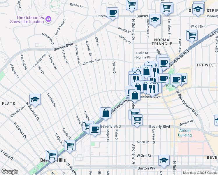 map of restaurants, bars, coffee shops, grocery stores, and more near 602 Alta Drive in Beverly Hills