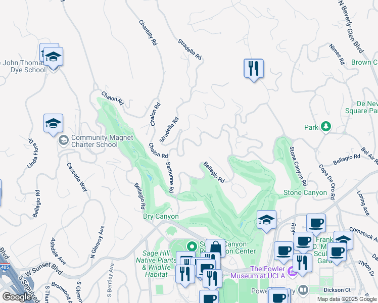 map of restaurants, bars, coffee shops, grocery stores, and more near 10778 Chalon Road in Los Angeles
