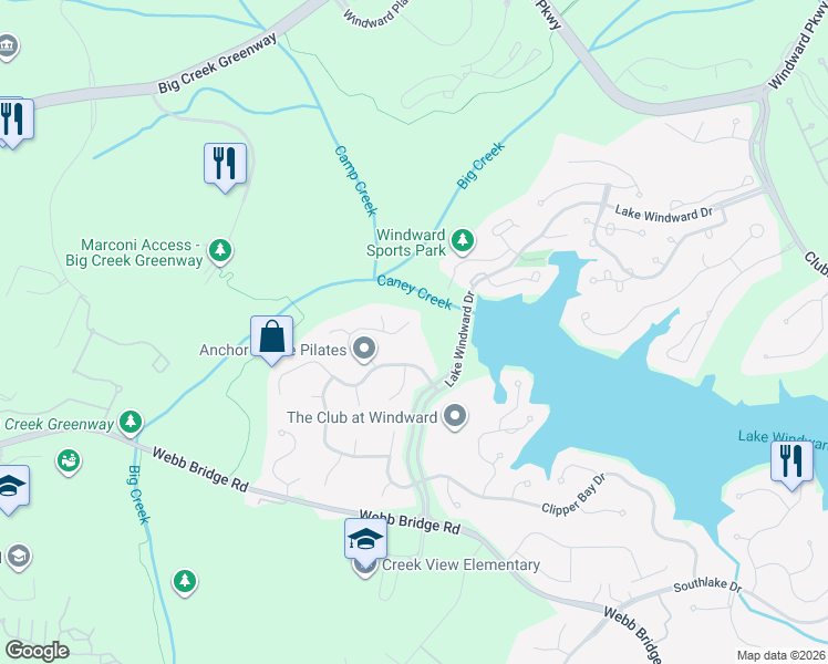 map of restaurants, bars, coffee shops, grocery stores, and more near 6225 Pin Oak Lane in Alpharetta