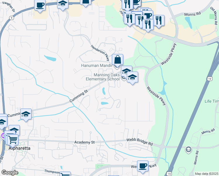 map of restaurants, bars, coffee shops, grocery stores, and more near 6001 Lake Union Hill Way in Alpharetta