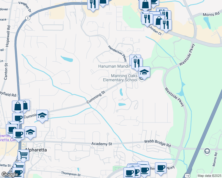 map of restaurants, bars, coffee shops, grocery stores, and more near 5045 Union Hill Road in Alpharetta