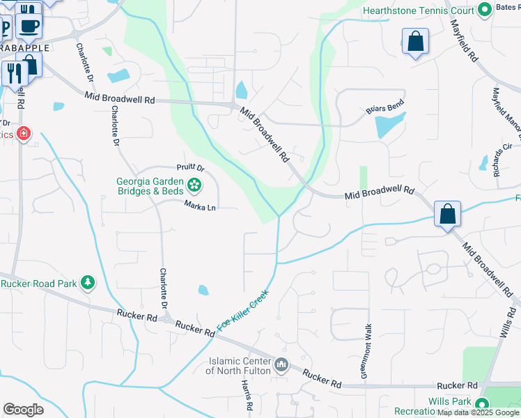 map of restaurants, bars, coffee shops, grocery stores, and more near 1690 Harvest Lane in Alpharetta