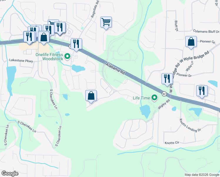 map of restaurants, bars, coffee shops, grocery stores, and more near 305 Glens Way in Woodstock