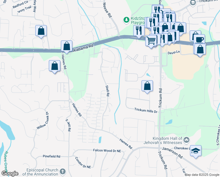 map of restaurants, bars, coffee shops, grocery stores, and more near 522 Stell Road in Woodstock