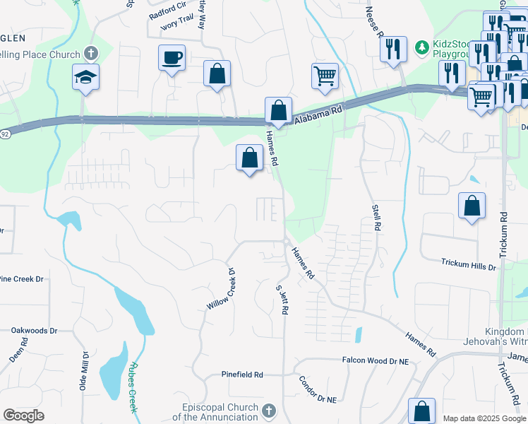 map of restaurants, bars, coffee shops, grocery stores, and more near 226 Hames Road in Woodstock