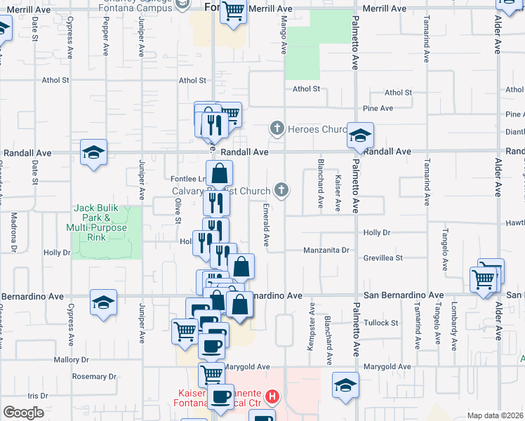 map of restaurants, bars, coffee shops, grocery stores, and more near 9466 Emerald Avenue in Fontana
