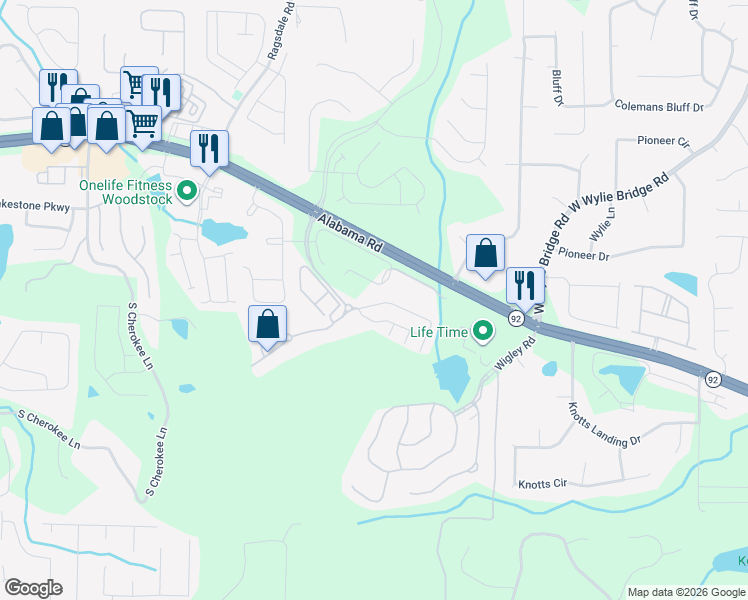 map of restaurants, bars, coffee shops, grocery stores, and more near 419 Mountain View Lane in Woodstock