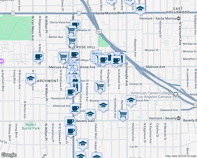map of restaurants, bars, coffee shops, grocery stores, and more near 4707 Clinton Street in Los Angeles