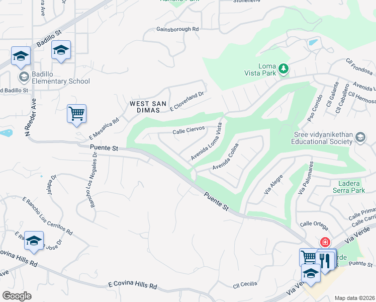 map of restaurants, bars, coffee shops, grocery stores, and more near 1646 Calle Miradero in San Dimas