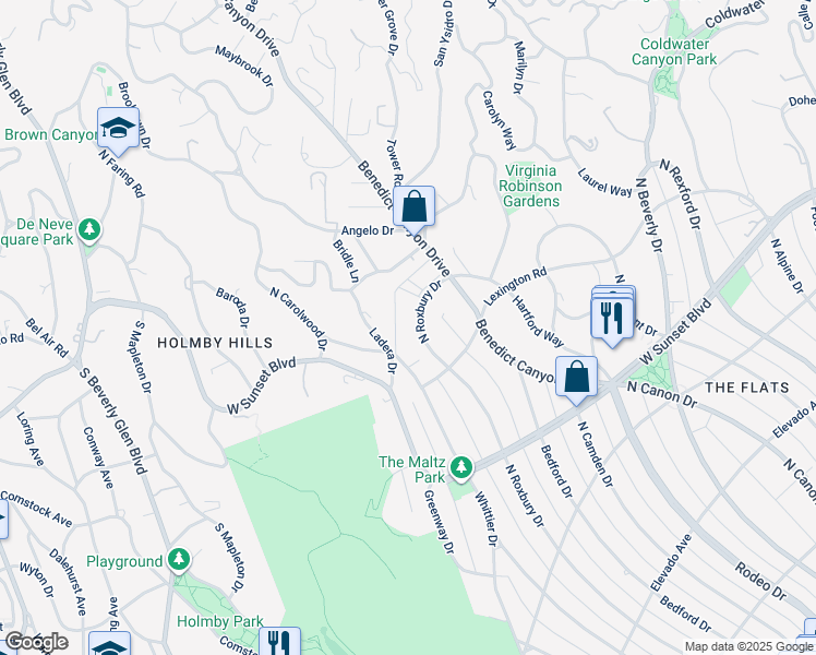 map of restaurants, bars, coffee shops, grocery stores, and more near 1013 North Roxbury Drive in Beverly Hills